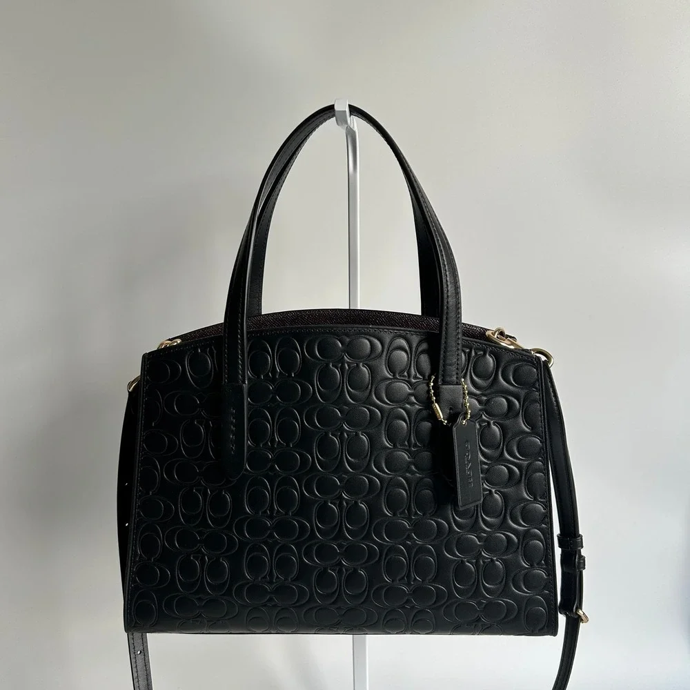 Coach Charlie Carryall 28 Black Signature Leather Shoulder Bag Excellent